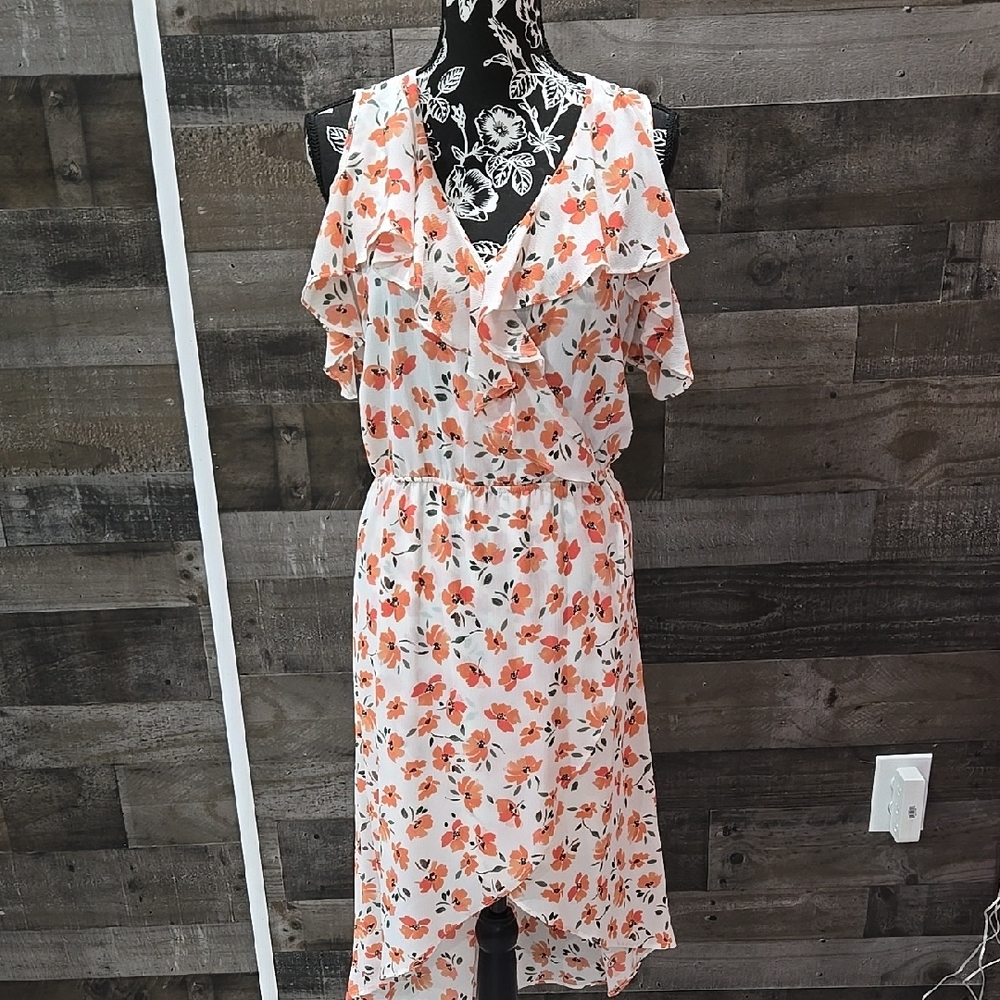 Floral Ruffle Dress - Orange and White